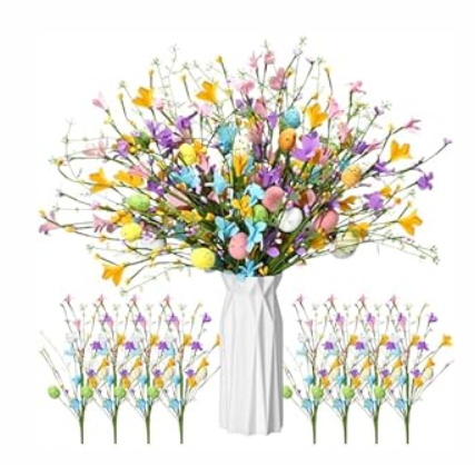 Giegxin 12 Pack 15.7 Inch Artificial Easter Flower Decorations Easter Egg Picks Colored Winter Jasmine Decorative Spring Floral Stems Flower Centerpieces for Table Home Decor(Easter Egg) 
