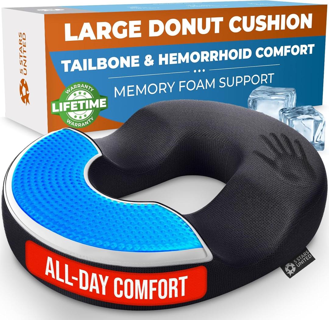 5 STARS UNITED Donut Pillow Hemorrhoid Tailbone Cushion  Large Chair Pad for Pain Relief  Coccyx, Prostate, Sciatica, Pelvic Floor, Pressure Sores, Pregnancy, Postpartum Recovery, Arctic Black