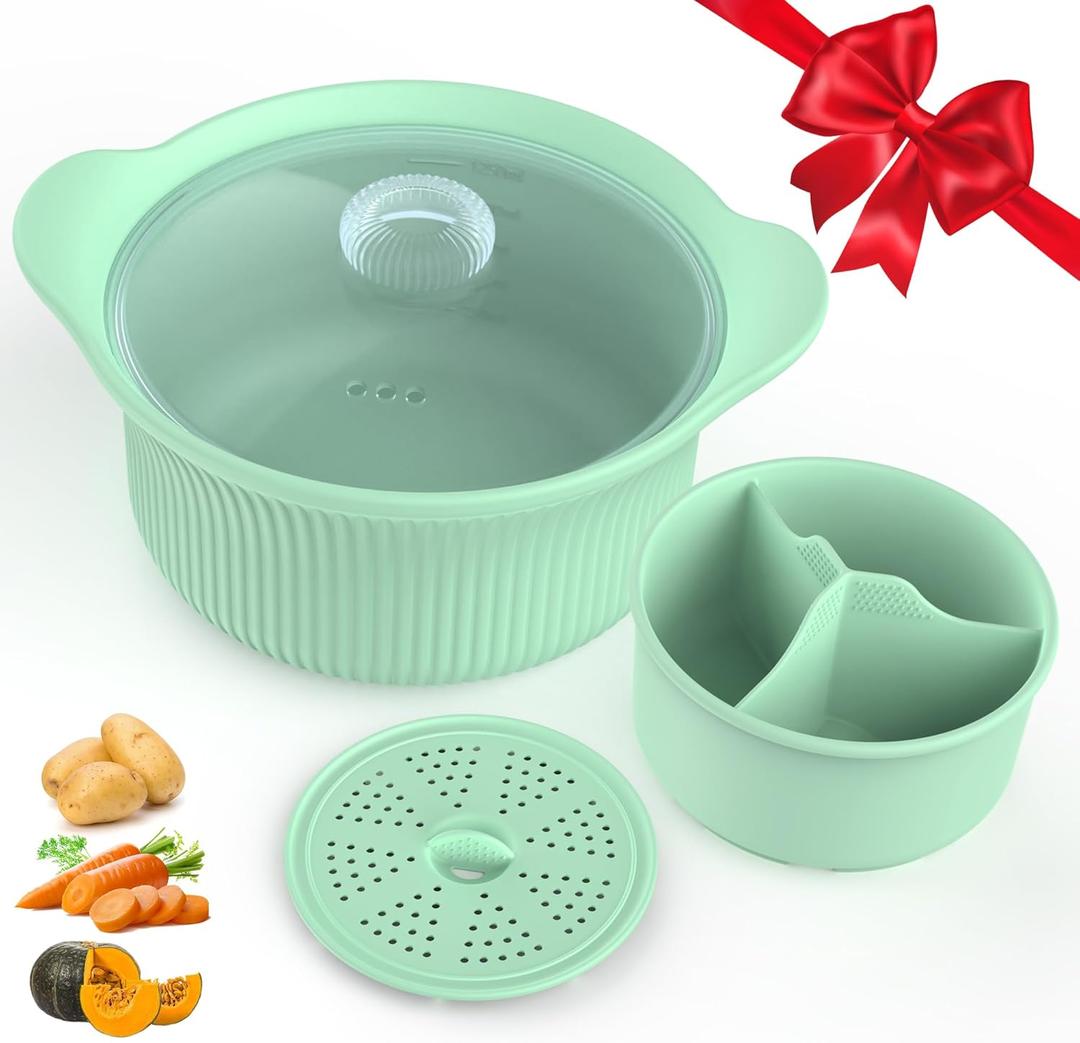 42oz Microwave Silicone Steamer 3 Compartmented, 4 in 1 Large Microwave Pot with Handle & Lid for Vegetables/Baby Food, Oven & Dishwasher Safe, Easy Clean,100% Food Grade Steamer Bowl (Green)