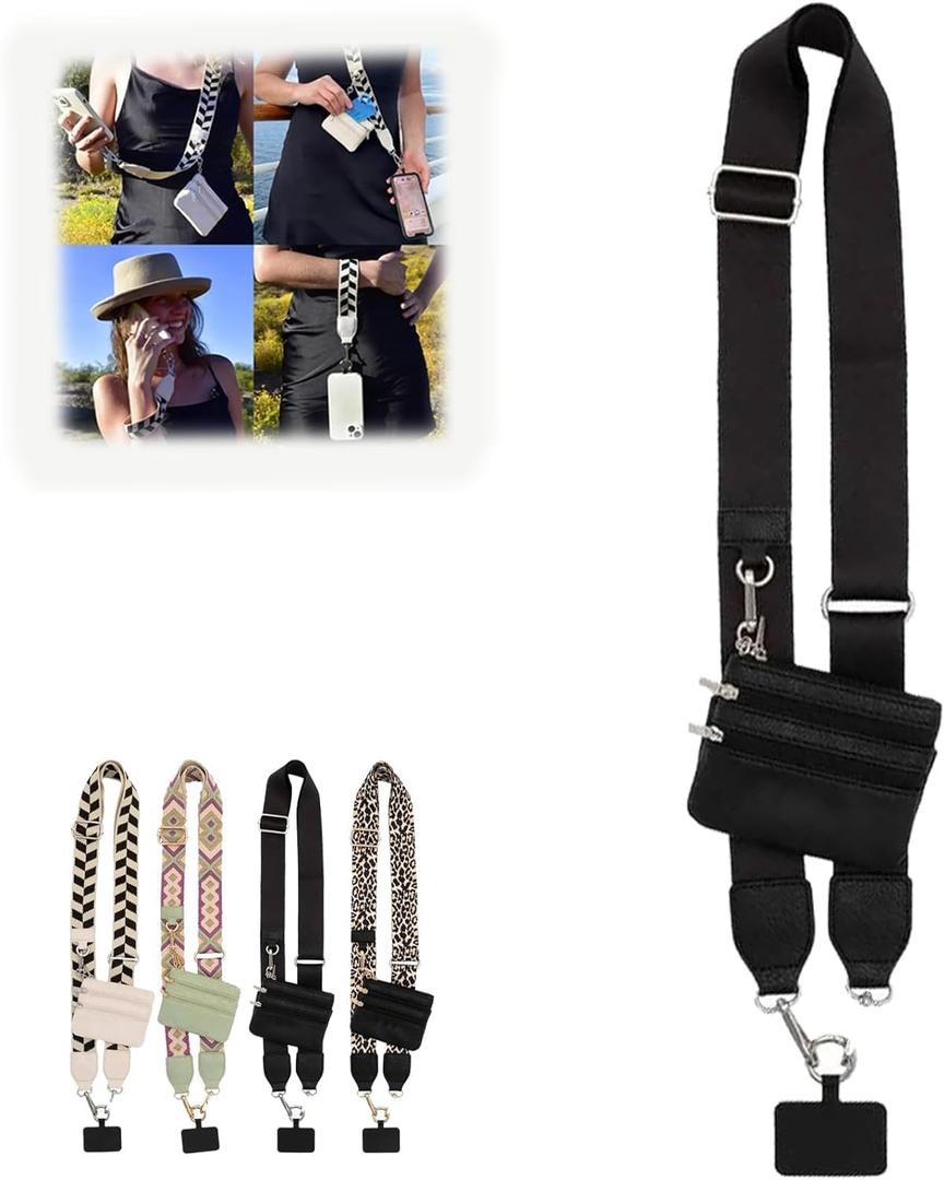 Clip and Go Strap for Phone with Crossbody Wallet, Phone Strap with Zipper Pouch Wallet (Black)
