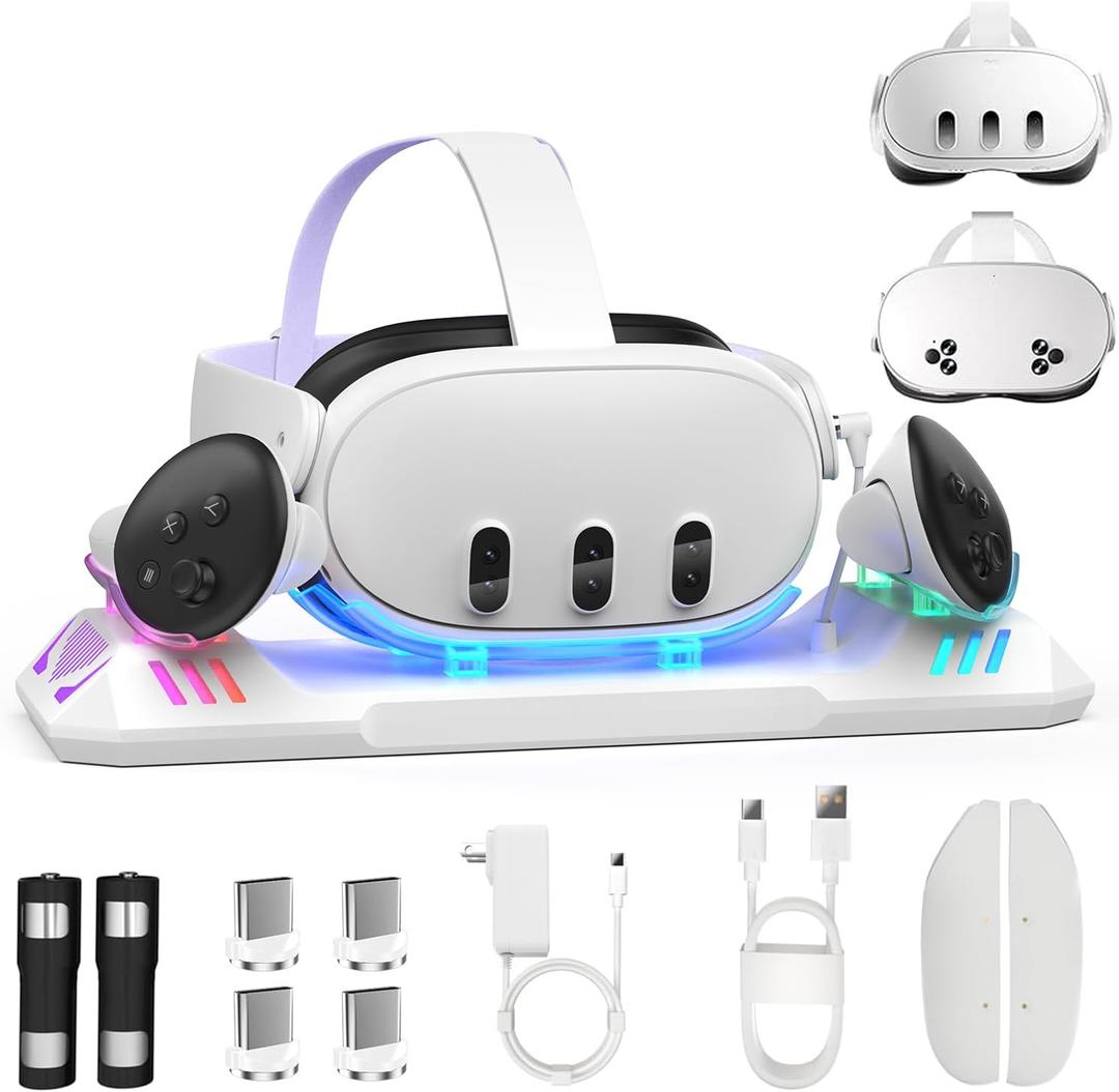 Charging Dock for Meta Quest 3S/Quest 3, Magnetic Charging Station for Oculus Quest 3 VR Headset & Controllers, with 2 Rechargeable 2100mAh Batteries, USB-C Charger and Cable, Supports LED Indicator