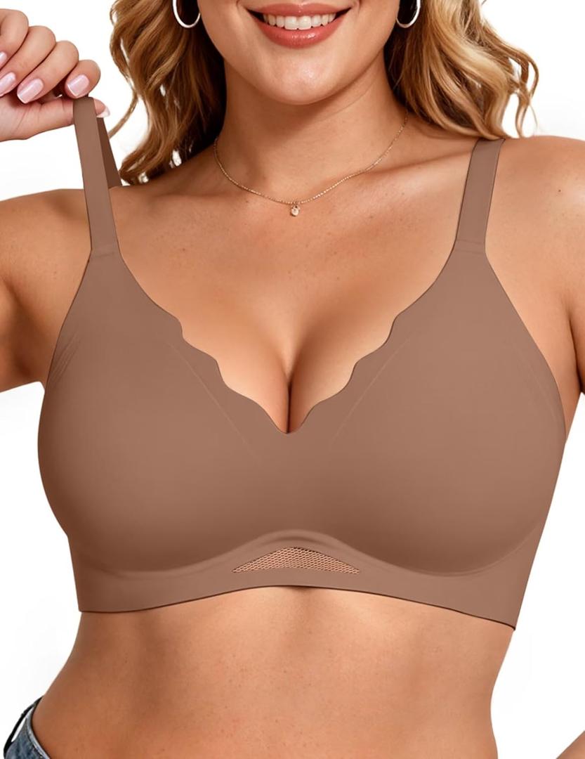 Vertvie Bras for Women Wireless Comfortable Push Up Bra Scalloped Seamless Full Coverage No Underwire Supportive T Shirt Bras (X-Large, Coffee)
