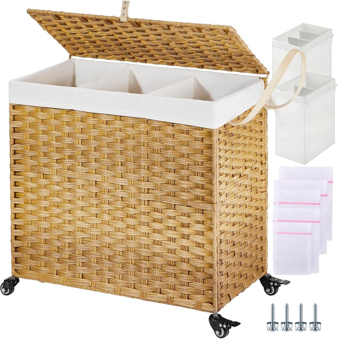 Greenstell Laundry Hamper with Wheels&Lid, 130L Large 3 Sections Clothes Hamper with 2 Types Removable Liner Bags, 5 Mesh Laundry Bags, Handwoven Divided Laundry Basket for Clothes, Natural