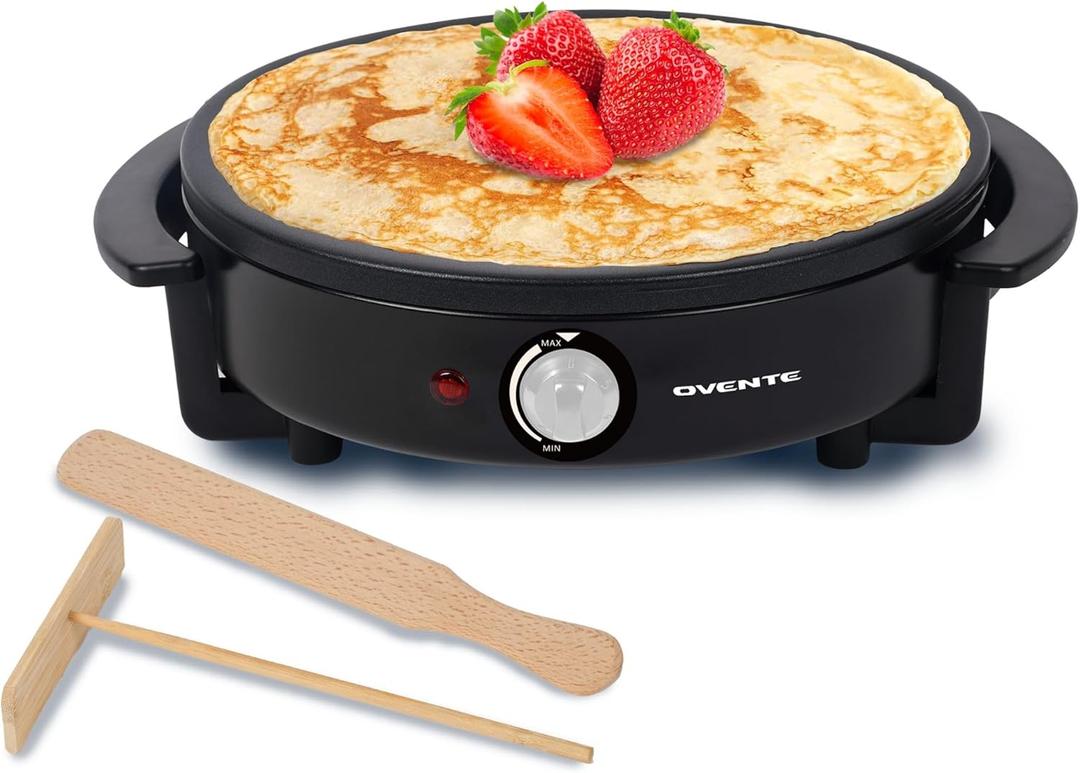 OVENTE 12-Inch Electric Crepe Maker & Griddle  Nonstick Hot Plate with Adjustable Temperature, LED Indicator, Batter Spreader & Spatula, Black CRM1122B
