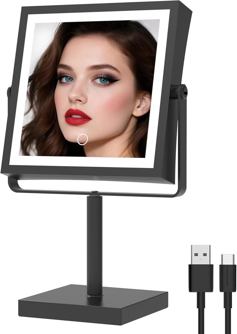 Ruacq Vanity Mirror with Lights, Height & Brightness Adjustable, Rechargeable 4000mAh Lighted Makeup Mirror with Magnification 1X/10X, 3 Color Lights & 360 Rotation (Matte Black-Table)