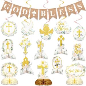 Kosiz 16 Pcs Baptism First Communion Decorations Set 9 White Gold Floral God Bless Baptism Honeycomb Table Centerpieces Double Sided Toppers 6 Hanging Swirls 1 God Bless Banner for Girl Boy Birthday