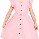 Arshiner Toddler Girls Dresses Flutter Sleeve Decorative Button Down A-line Sundress (5-6 Years, Pink)