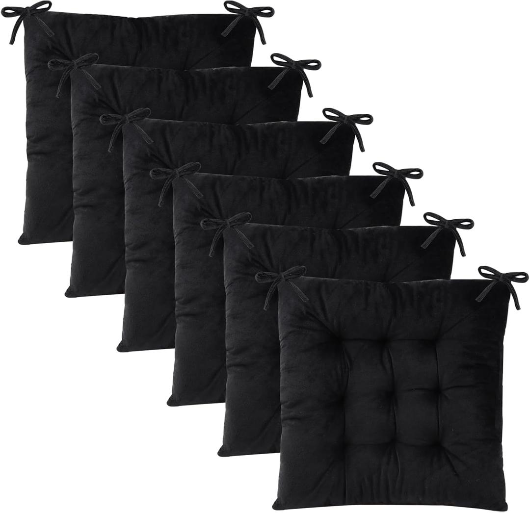 6 Pack Square Seat Cushion Chair Pads for Kitchen Dining Chairs, Soft Comfort Velvet Chair Mat Pillow Cushions with Ties for Office Desk Living Room Tatami 15.5", Black