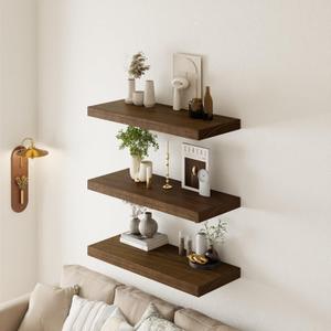 36 Inch Extra Deep Floating Shelves Set of 3-12" Wide Solid Paulownia Wood Wall Mounted Shelves, Walnut Wood Finish, Heavy Duty Long Display Ledge for Kitchen, Living Room & Home Office