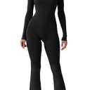 QINSEN Long Sleeve Jumpsuits for Women Square Neck Wide Leg Full Length Romper Playsuit Black Large