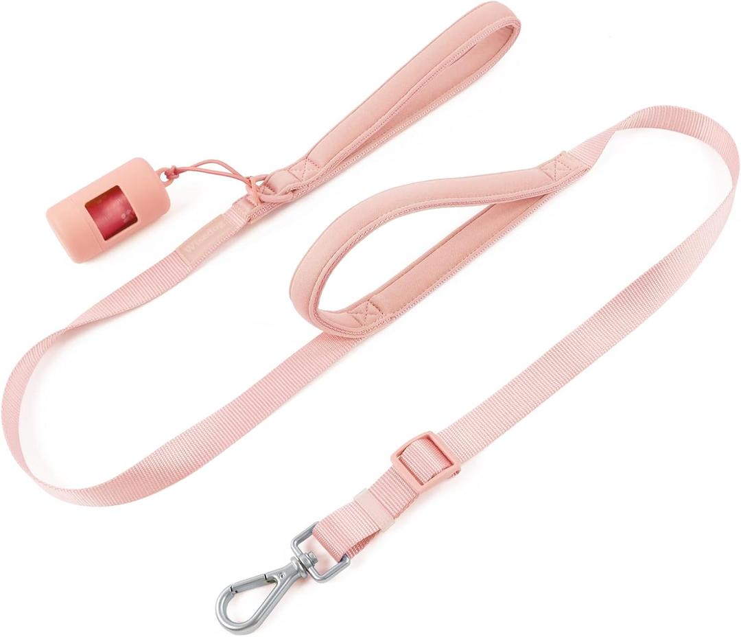 Wisedog Double Handle Dog Leash with Poop Bag Holder - Two Soft Padded Handles with Traffic Control, Adjustable Length for Medium and Large Dogs (Gossamer Pink, L|5.2 ft-6 ft)