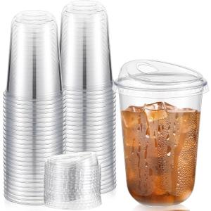 50 Sets Clear Plastic Coffee Cups with Sip Lids, Disposable Plastic PET Crystal Cups for Iced Coffee, Smoothie, Cold Beverage, Drink Shops and Party Catering(Clear,16 oz)