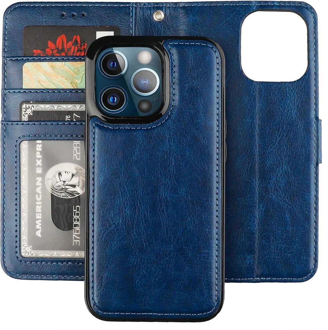 Bocasal Detachable Wallet Case for iPhone 13 Pro RFID Blocking Card Slots Holder Premium PU Leather Magnetic Kickstand Shockproof Wrist Strap Removable Flip Protective Cover 5G 6.1 inch (Blue)