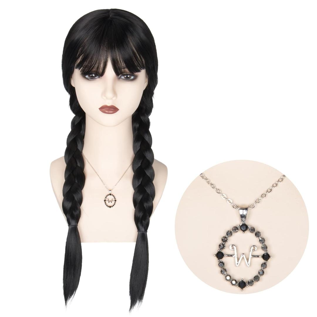 Women Long Black Braids Wig with Bangs Long Straight Pigtails Wig for Adult Costume, Halloween Wig