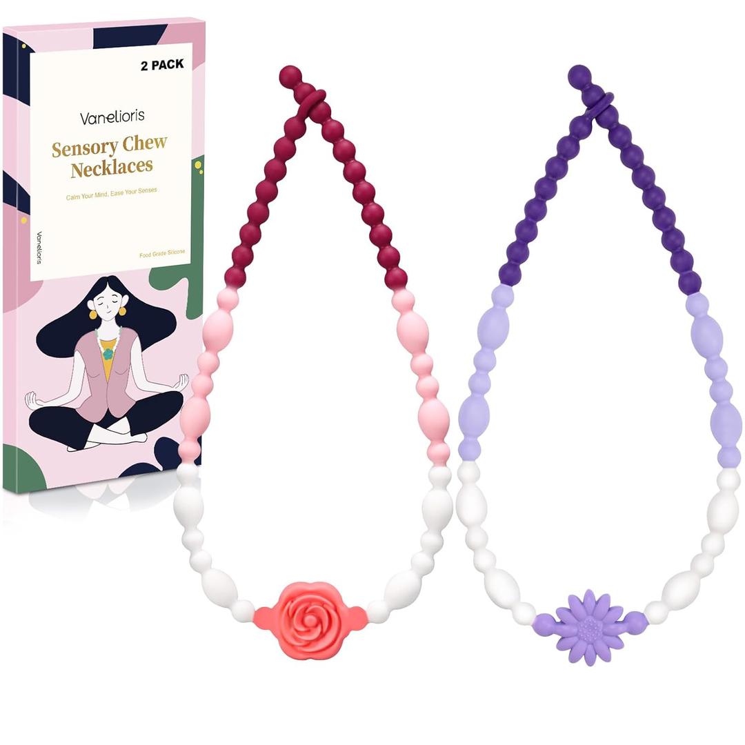 Chew Necklaces for Sensory Kids Adults, Flower Chewy Necklace Sensory Toys for Autism Nail Biting Anxiety, Fidget Necklace Oral Chew Toys, ADHD Tools for Boys Girls (Blush Lavender)