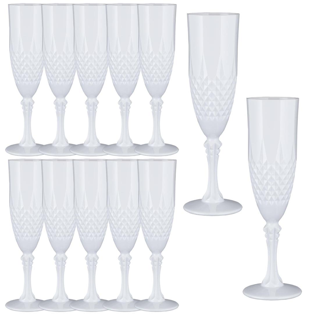 Plastic Champagne Flutes,48PCS White Solid Wine Glasses Goblets Shatterproof Mimosa Bar Reusable Vintage Champagne Flutes Stemmed Drinking Cups for Weddings, Bachelor Parties, Toasting,Cava, Prosecco