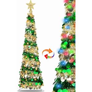 Dual Color Change & Timer - 5FT Pop Up Christmas Tree, Tinsel Christmas Tree 50 Warm White & Colored Lights 8 Mode 3D Star Sequins Collapsible Pencil Christmas Tree Indoor Home Classroom Office (Golden & Green)