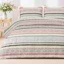 Exclusivo Mezcla Reversible Boho Quilts Queen Size, Pink Bedspreads Lightweight Coverlet All Season Bohemian Quilt Bedding Set with Printed Striped Floral Pattern (1 Quilt, 2 Pillow Shams)