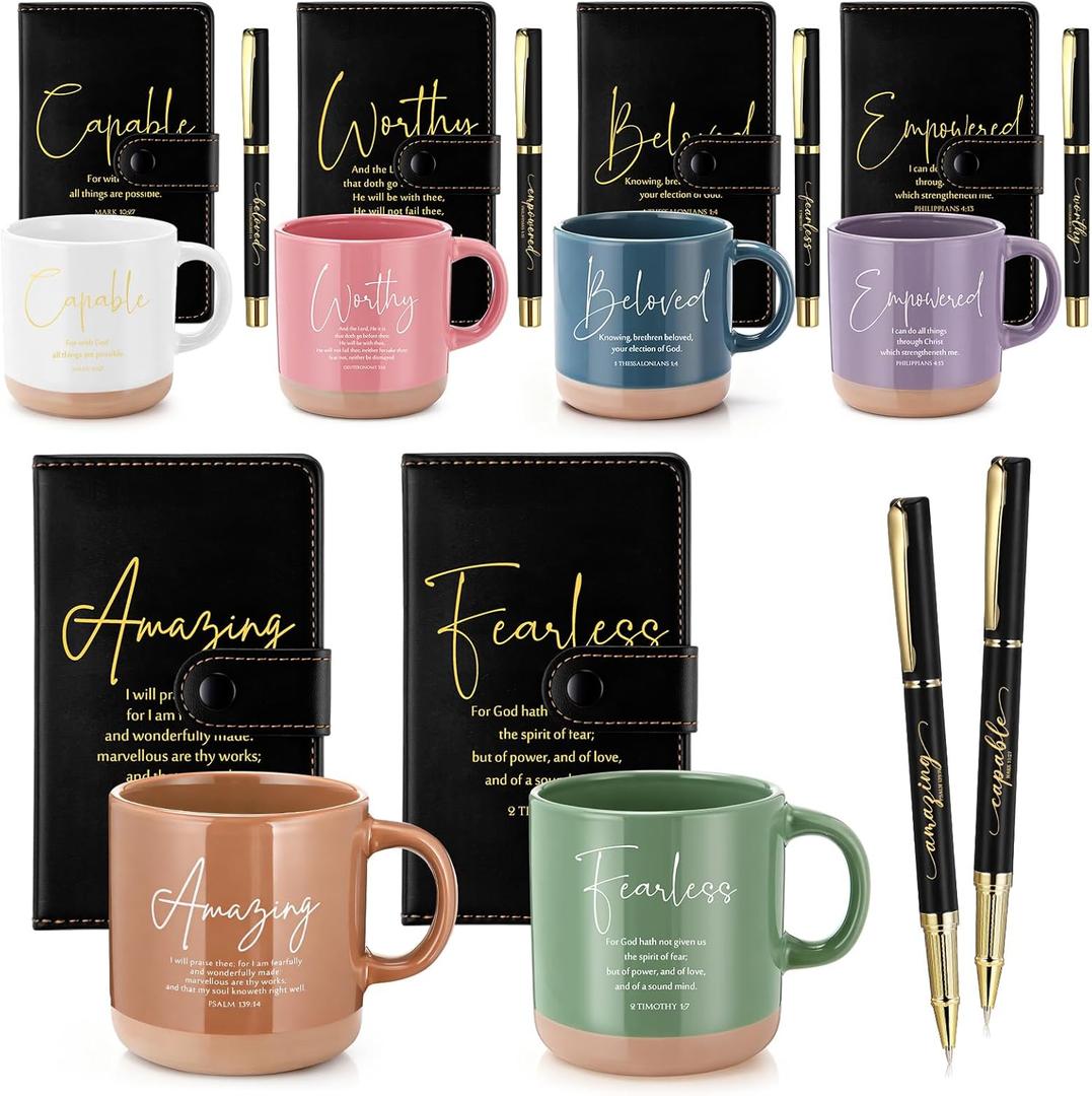 Potchen 18 Pcs 18 Pcs Christian Fathers Day Church Gift 13oz Bible Verse Ceramic Coffee Mugs with Leather Journal Pen Inspirational Religious Gift for Male Teacher Nurse Pastor (Bible, Morandi Black)