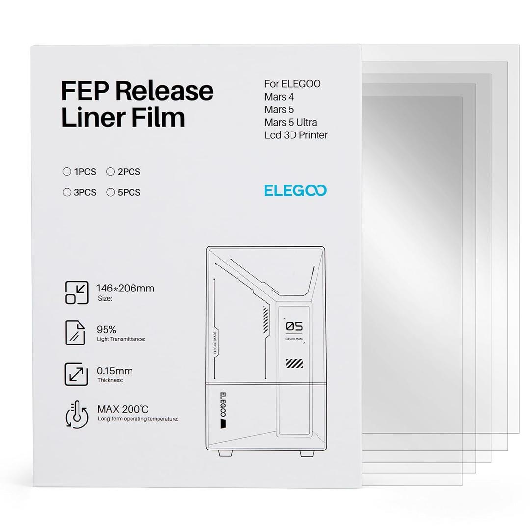 ELEGOO FEP Release Film 5PCS for Mars 4/ Mars 5/ Mars 5 Ultra LCD 3D Printer with 95% Light Transmittance, 206 * 146mm, 0.15mm Thickness