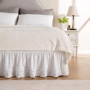 MIYE Wrap Around Ruffled Lace Bed Skirt, Elastic Dust Ruffle with Adjustable Belts, Easy to Put On, Bed Frame Cover, Machine Washable (Embroidered/White, King/Queen-15 Drop)