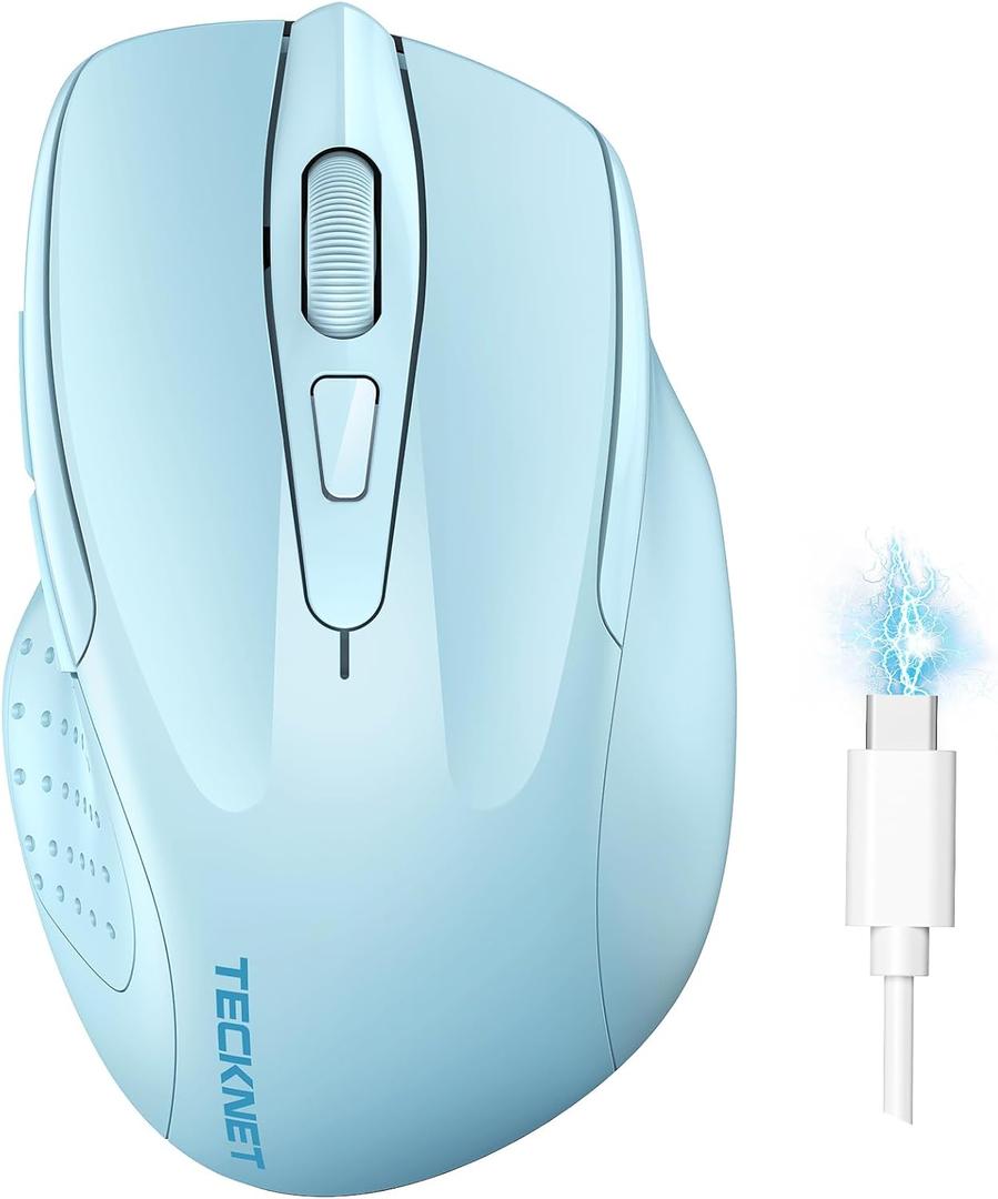 TECKNET Wireless Mouse (BT5.0/3.0 & 2.4G) Rechargeable 4800 DPI Silent USB A & Bluetooth Mouse 6 Buttons, Wide Compatibility  Lightblue
