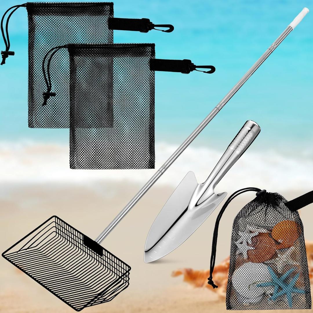 Lasnten 4 Pcs Stainless Steel Sand Sifter Wide Sand Flea Rake Set Detachable Long Handle 54 Inch Shell Scooper for Beach Basket Sifter with Beach Shovel Mesh Bag for Picking Shell Collecting Fleas