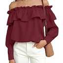 Prettywear Women's Sexy Off Shoulder Tops Long Sleeve Ruffle Blouse Flowy Going Out Shirt Oversized (Burgundy, XL)