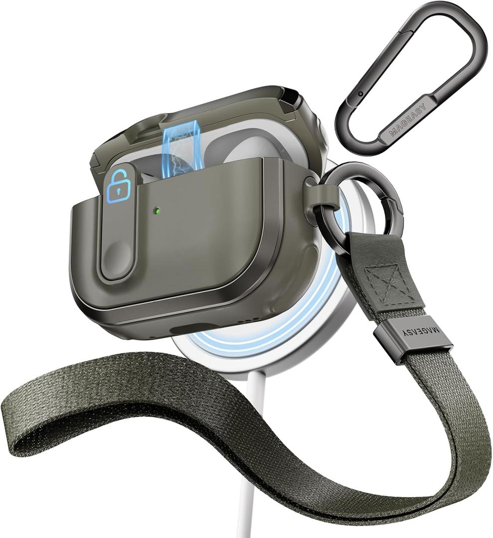 MAGEASY Odyssey AirPods 1 & 2 Case Cover with Secure Lock + Travel Carabiner + Wrist Strap, Wireless Charging Compatible, Drop Protection Apple AirPod 1st 2nd Generation Case Shockproof (Metal Green)
