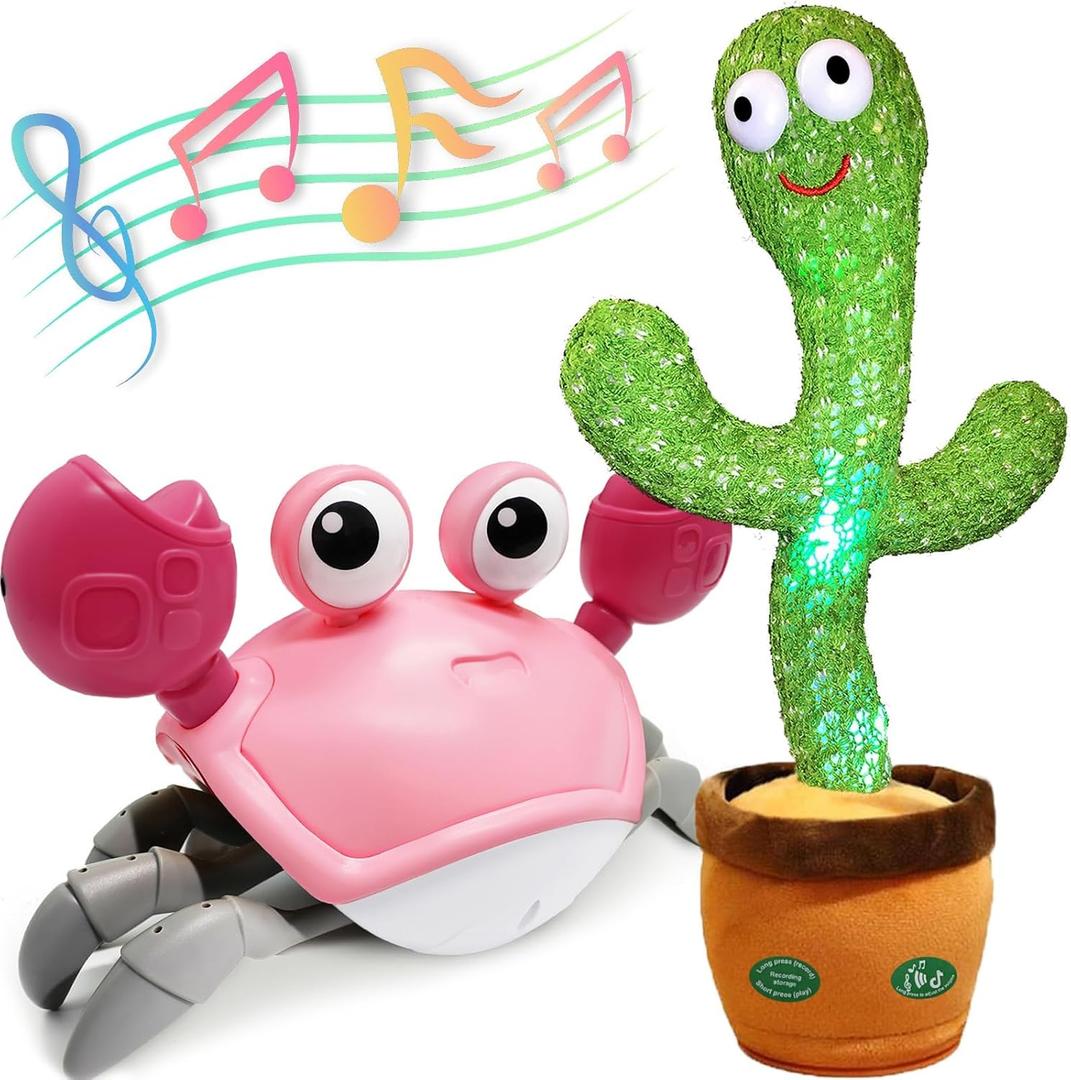 Pbooo Dancing Talking Cactus Toy and Crawling Crab Baby Toy Set - Interactive and Fun Toys for Babies and Kids