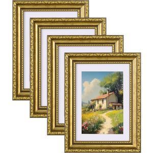 eletecpro 5x7 Picture Frames Set of 4, Vintage Gold Photo Frames with Glass, Displays 4x6 Photo with Mat or 5x7 without Mat for Tabletop or Wall Decor, Gold