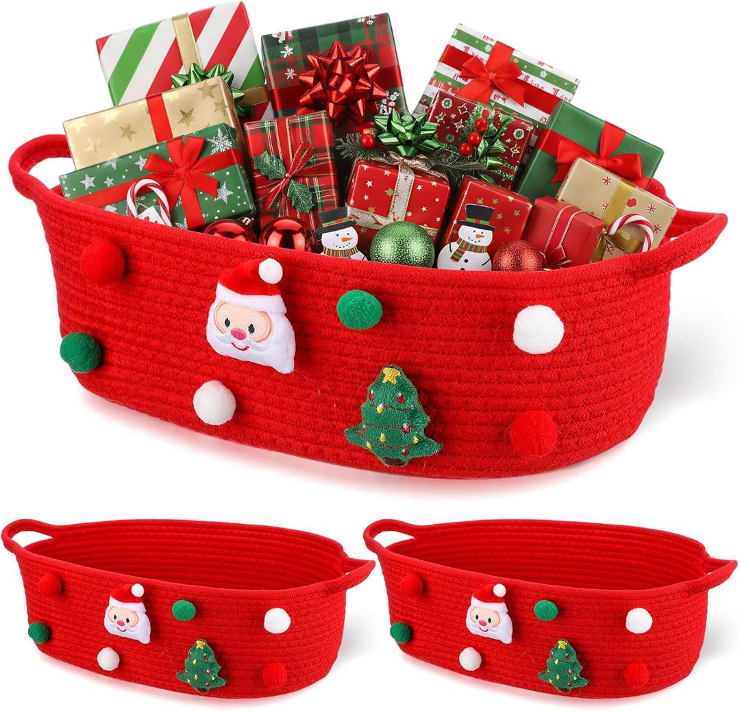 FoldTier 3 Pack Christmas Gift Basket Empty 15 x 9.9 x 5.1 Inch Santa Red Christmas Storage Bin with Handles, Woven Cotton Rope Basket for Gifts Holiday Treats Party Supplies, Home Xmas Decorations