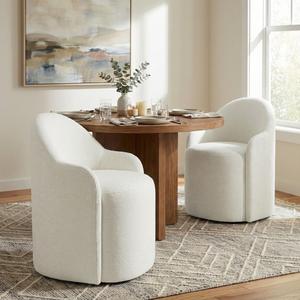 KISLOT Upholstered Dining Chairs with Casters, Effortless Assembly Modern Dining Room Chairs Accent Vanity Chair with 5 Wheels & Round Backrest for Bedroom, Living Room, Dressing, Linen Fabric, 1PCS