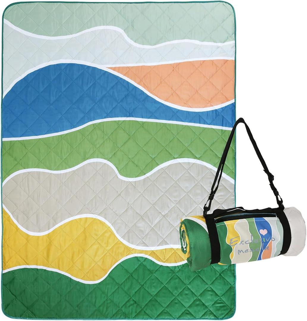 Exclusivo Mezcla Waterproof Picnic Blanket 60x80 Inches Large Multicolor Floral Polyester Sandproof Modern Camping Blanket (Waved Green)