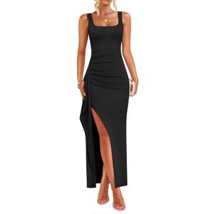 ZESICA Women's Sleeveless Formal Maxi Dresses 2025 Summer Ribbed Square Neck High Split Party Bodycon Long Dress (Large, Black)