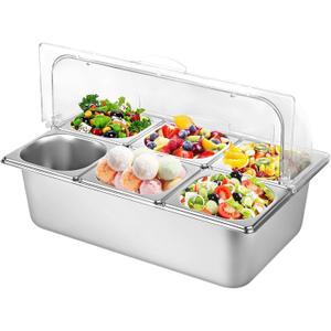 Countertop Food Serving Display Container with Clear Lid, Stainless Steel Serving Tray Catering Supplies Buffet Display Condiment Container for Restaurant Hotel Kitchen (6 Pan)