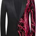 Men Fashion Purple Colorful Velvet Sequins Blazer (X-Large, Red)