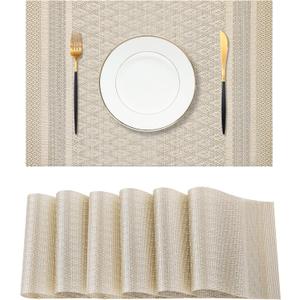 Leetaltree Stardust Yellow Placemats Set of 6 - Heat Resistant Non-Slip Place mats for Dining Table, Washable Durable PVC Vinyl Woven Table MatsStardust Yellow, 6