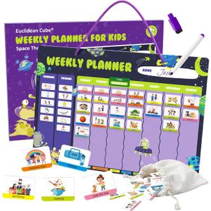 Weekly Planner for Kids - Magnetic Behavior Board Calendar with 237 Magnets, Storage Bag, Cord & Pen - Daily Routine and Chore Chart - Visual Schedule for Kids 3+ Year Old (Space Theme)