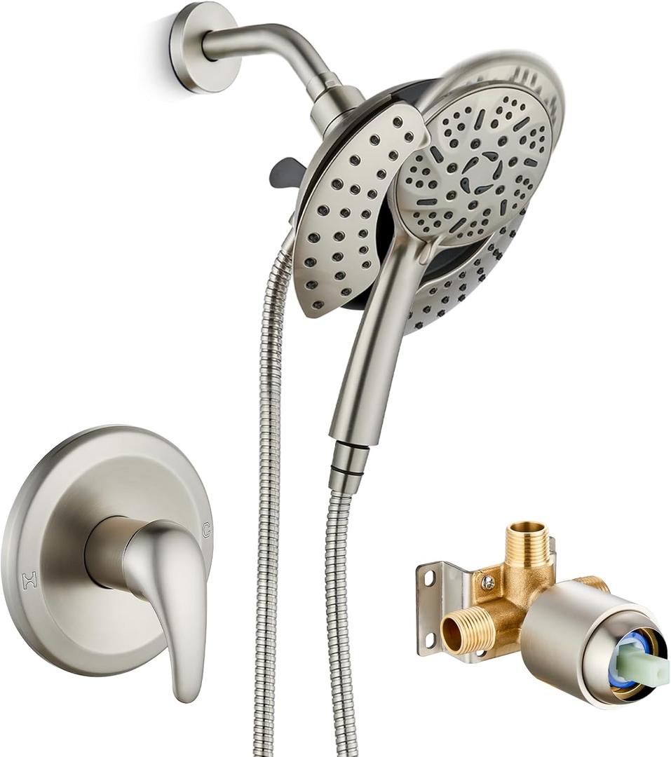 Single Handle Shower Faucet Set with Valve,Shower Trim Kit with 9-Spray 2-in-1 Dual Hand Held Shower Head with Hose Included without Tub Spout Brushed Nicke