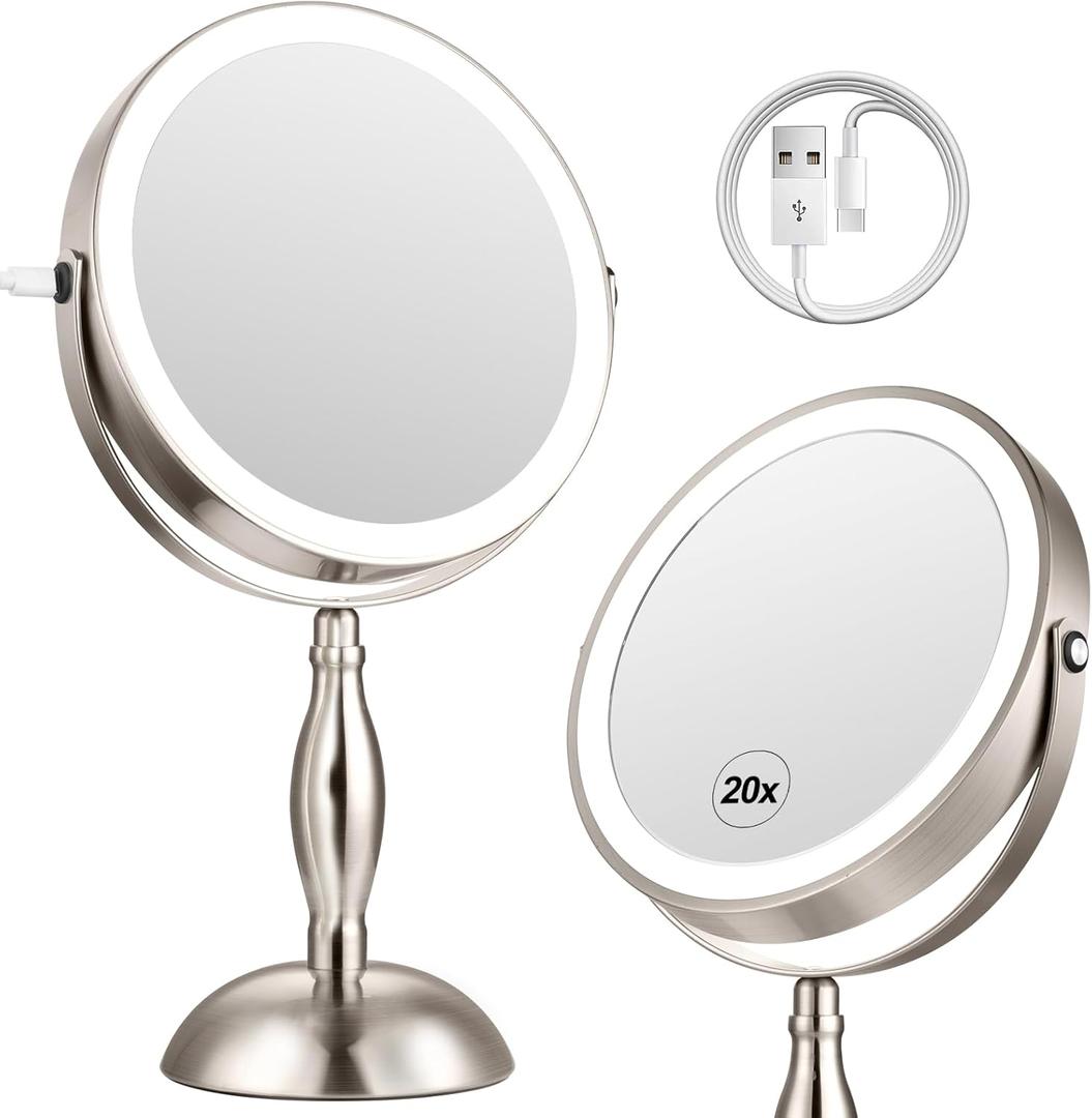 20x Magnifying Mirror with Light, 5000mAh Lighted Makeup Mirror with 3 Color Modes and Adjustable Brightness, Side Charging Port & SideTouch Sensor, 360 Rotation -Brushed Nickel