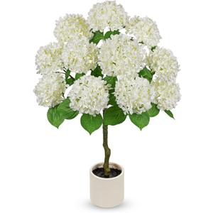 Hollyone Artificial Hydrangea Tree 3FT White Hydrangea Artificial Flowers Tree in Pot Fake Hydrangeas Plants & Flowers in Planter Greenery Potted Plant Indoor Outdoor Front Door Porch Home Decor