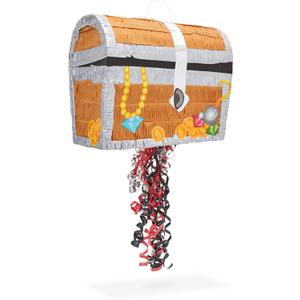 Pull String Treasure Chest Pinata For Kids Pirate Birthday Party Decorations (Small 12 X 10 6.5 In) Multi Color Wood