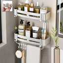 Shower Shelf-2 Tier Rustproof Bonded Shower Caddy -Wall-Mounted Shower Holder-8 Hooks,Towel Bars-Shower Accessories Bathroom Organiser-No Drilling Required for Installation