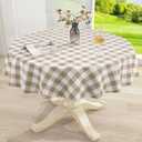 misaya Round Waterproof Vinyl Table Cloth, Buffalo Flannel Backed Tablecloth, Wipeable Plastic Table Cover for Dinner, Kitchen, Picnic (60", Khaki and White)