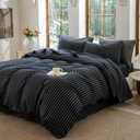 Striped Duvet Cover Set Full Size 3 Piece 100% Washed Cotton Linen Feel Bedding Comfy Breathable Modern Farmhouse (Full, Double Stripe-Black/White)
