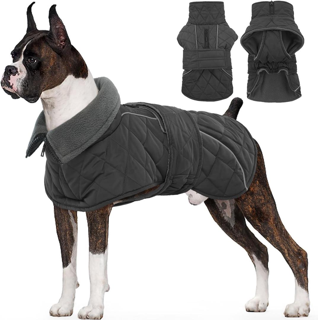 Kuoser Extra Warm Dog Coat, Windproof Cold Weather Dog Jackets for Large Dogs, Thick Fleece Lining Pet Turtleneck Snowsuit Reflective Adjustable Puppy Winter Coat Doggie Snow Jacket Grey, XL (X-Large (Chest: 62 - 76CM / 24.4" - 29.92"))