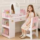 Leeshyah Wooden Kids Vanity Table and Chair Set with 3-Color Lighted Mirror