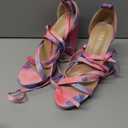 Allegra K Women's Tie Dye Platform Chunky Heel Lace Up Blue Pink Sandals 6 M US