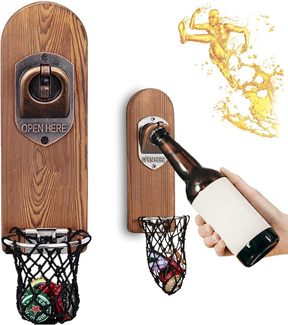 Beer Bottle Opener Wall Mounted with Magnetic Cap Catcher,Wooden Magnetic Bottle Opener for Fridge,Vintage Beer Gifts for Men, Man Cave Decor,Gifts for Men and Beer Lovers(Style 3)